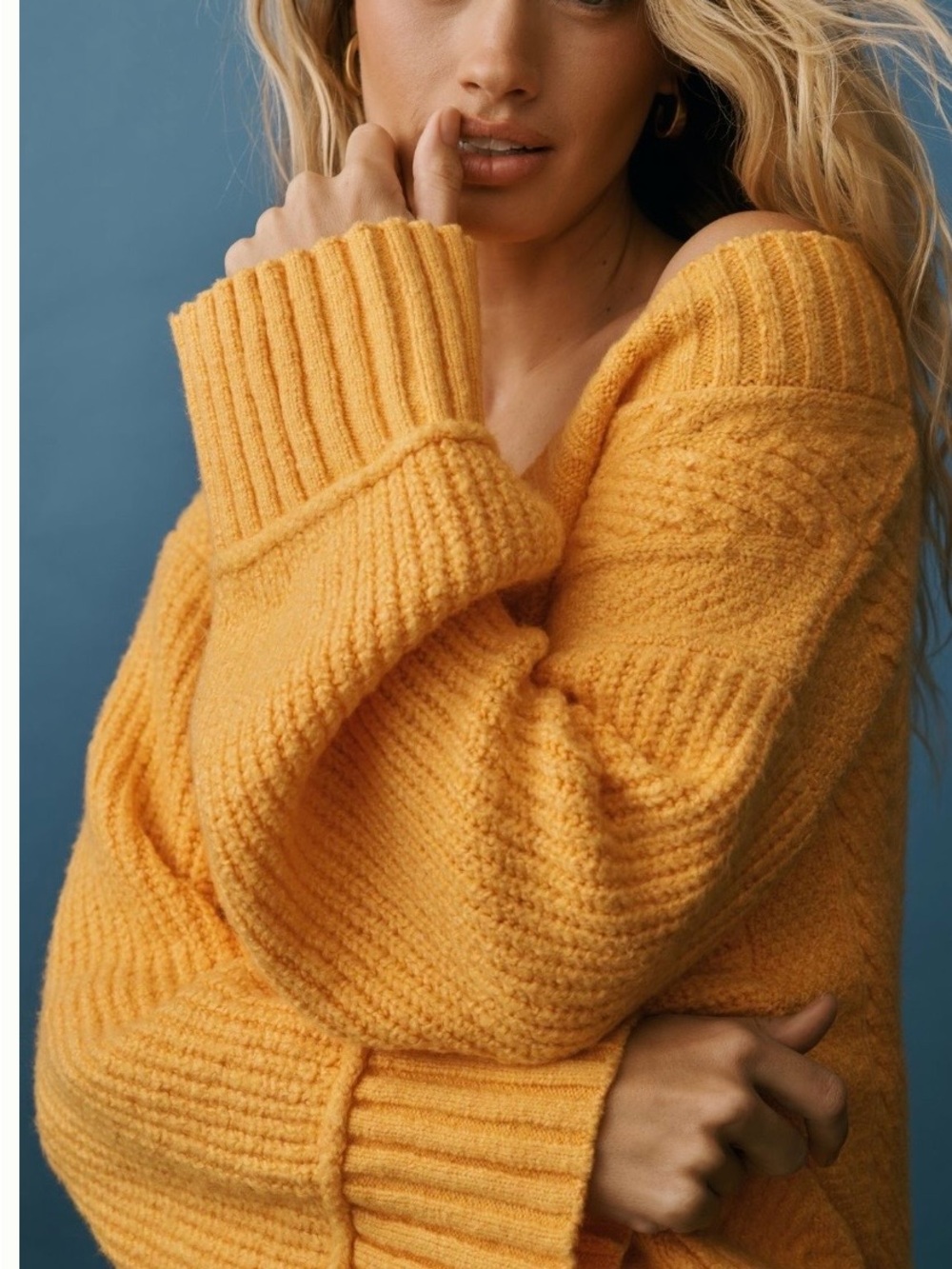 Maeve Cable-Knit V-Neck Sweater in Mustard Yellow.